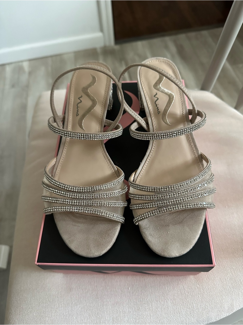 Nina Blush Rhinestone-Strap Slingback Heels